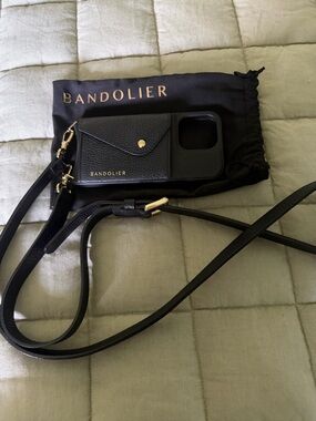 Bandolier Black Leather Crossbody Phone Case with Gold Hardware. 13Pro iPhone